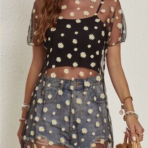 Flower Power Daisy Print Sheer Mesh Top 🌼